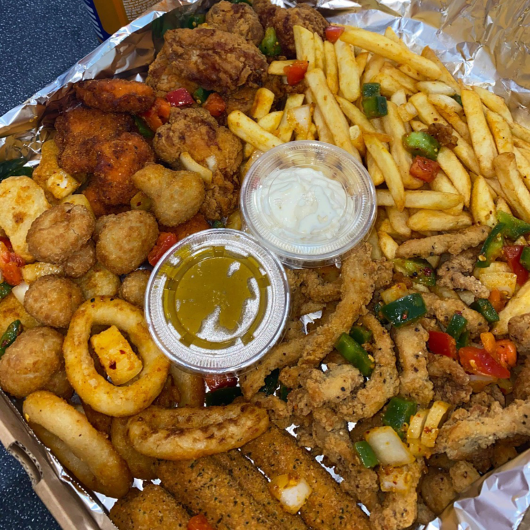 Salt and chilli munchie box with chips, chicken strips, onion rings, mozzarella sticks, buttered mushrooms and sauces, Sweet Sensations, Oakley, Fife