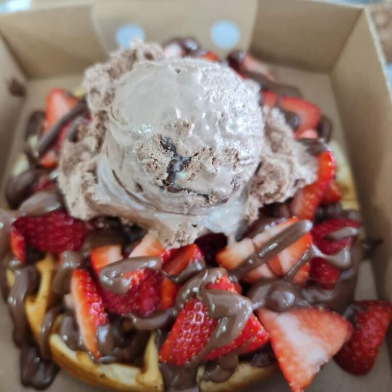 Hot waffle with strawberries, chocolate sauce and chocolate ice cream, What Dessert Cupar and Methil, Fife