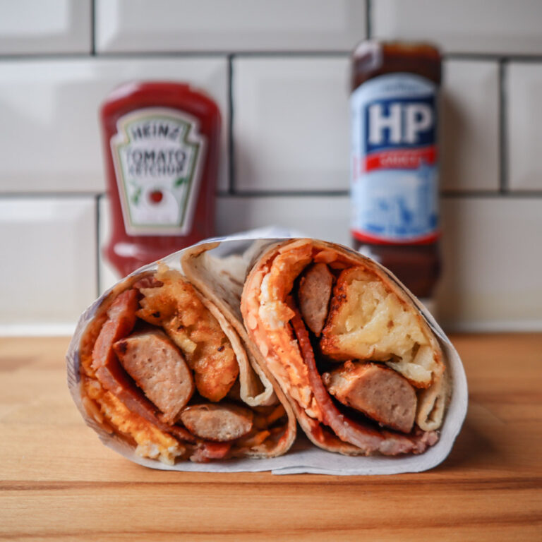 Breakfast wrap with sausages, bacon, eggs, hash browns and sauce, Hel's Kitchen, Rosyth, Dunfermline, Fife